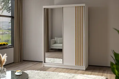 Produktbild von AGMAT Schwebetürenschrank Lugo, Kleiderschrank mit 2 Türen und Spiegel, Moderne Garderobe in Farbe: Weiß / Weiß, Schrank in Größe: 150 x 216 x 61 cm
