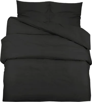 A black duvet cover and pillow set laid out on a white background.
