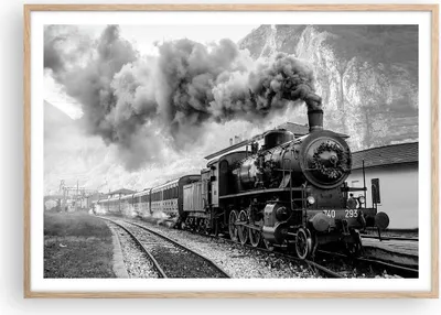 Produktbild von Gerahmtes Poster - Rahmen in heller Eiche - Zug Schwarzweiß Rauch - 100x70 cm - Wand Bild - Wanddeko - Wandbilder - Wandposter - Bilderrahmen - Bilder - Kunstdruck - Wandbild - P2NAA100x70-4315