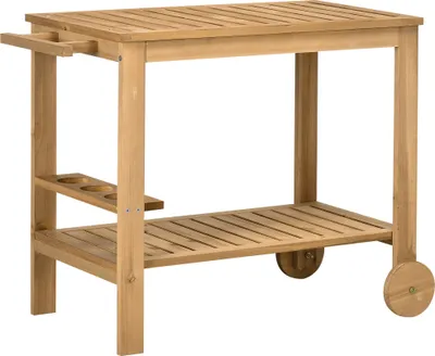 Produktbild von Outsunny Holz-Barwagen, 2-stöckiger Servicewagen mit Seitengriff, 3 Flaschenhaltern und 2 Rädern für Garten, Terrasse, Terrasse, 95 x 47 x 74 cm, Natur