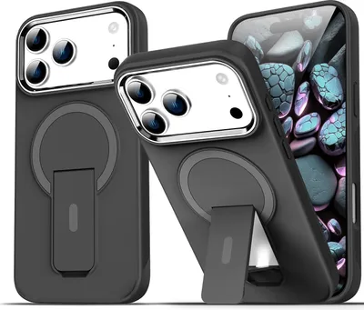 Produktbild von Magnet Ständer Hülle für iPhone 17 Pro Max, Kompatibel mit MagSafe, Matt Rückseite Stoßfeste Handyhülle Schwarz