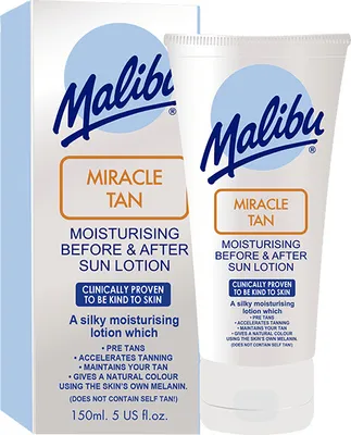 Produktbild von Malibu Miracle Tan feuchtigkeitsspendendem Balsam vor und nach der Bräunung von 150 ml