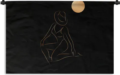 Produktbild von MuchoWow® Wandteppich Wandbehang Frau - Hut - Mond - Strichzeichnung 90x60 cm Tapisserie Dekoration Wandtuch - Wandskulpturen - Bildteppich