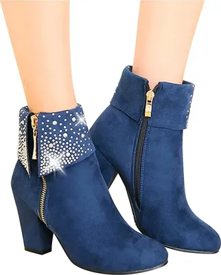 Produktbild von ASKSA Damen Kurz Stiefel mit Absatz Glänzend Klobigem Stiefeletten, Blau, Größe: 40