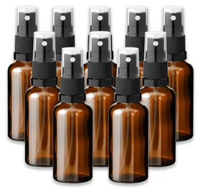 Produktbild von 10x Braune Glasflasche 50 ml mit schwarzem Zerstäuber Pumpspray leer