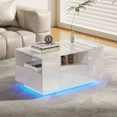 Produktbild von Makika LED Couchtisch / Design Wohnzimmertisch mit Ablagefach und Schubladen - Weiß Hochglanz
