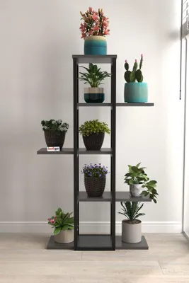 Image de Étagère à fleurs à 5 niveaux, support pour plantes en bois et métal, 62 x 21 x 117 cm, anthracite