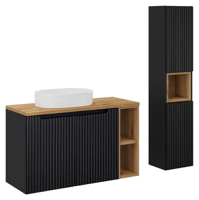 Produktbild von Waschtisch und Hängesäule 100.4cm Riva, Schwarz und Holzoptik