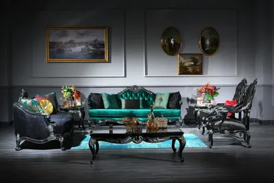 Produktbild von Casa Padrino Luxus Barock Wohnzimmer Set Grün / Schwarz / Gold - 2 Sofas & 2 Sessel & 1 Couchtisch & 2 Beistelltische - Prunkvolle Barock Möbel - Luxus Qualität
