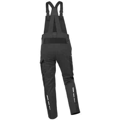 A back view of black work overalls.