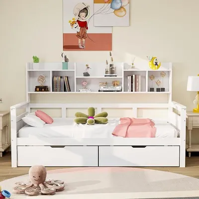 Productafbeelding van Dagbed, enkel bed, bed 90x200 cm, dagbed met opbergruimte (laden, planken en boekenkast), kinderbed, houten bed, tienerbed, multifunctioneel bed, bedframe met lattenbodem, zonder matras, wit
