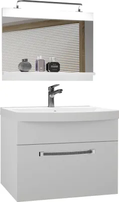 Produktbild von BELINI Badmöbel Vollausstattung Set Waschbeckenschrank, Waschbecken, Spiegel, Lampe (Weiß, Matt)
