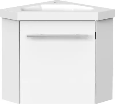 A white corner vanity unit with a sink and a cabinet door with a silver handle.