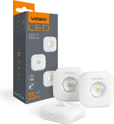 A product shot of a Videx LED night light set with its packaging.