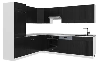 Produktbild von Eckküche Vicco Fame-Line Schwarz gestreift/Weiß 287 x 227 cm ohne Arbeitsplatte, Model 51083