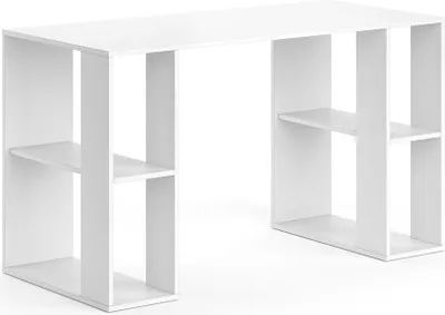 A white desk with built-in shelving units on either side, presented against a plain white background.