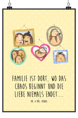 Produktbild von Mr. & Mrs. Panda Bild Igel Familie DIN A3 - Gelb Pastell - Geschenk, wanddeko, Plakat, Bilder, Papa, Posterdruck, Liebe, Kunstdruck, Muttertag, drucke, Bruder