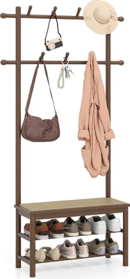 A coat rack with a bench and shoe storage.