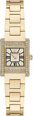 A close-up studio shot of a gold Emporio Armani watch with a rectangular face and a diamond-encrusted bezel.