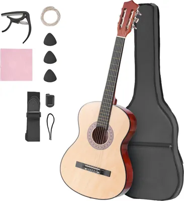 Produktbild von SucceBuy Konzertgitarre, 960 mm, Holz-Klassikgitarren-Set für Anfänger, inklusive Nylonsaiten, Tragetasche, Gurt, Stimmgerät, Ersatzsaiten, Plektrum und Kapodaster, aus Linde, ideal für Einsteiger, Natur