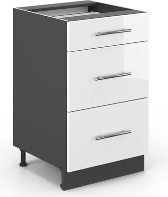 A three-drawer kitchen cabinet unit with a white high-gloss front and dark gray sides, shown against a white background.