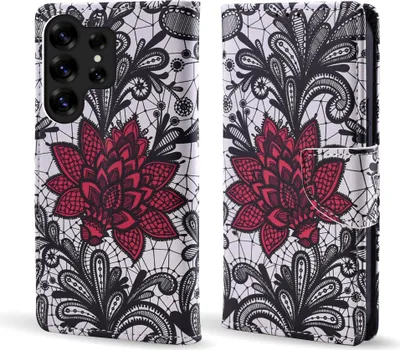 A flip-style phone case with a floral lace pattern is shown from the front and side.