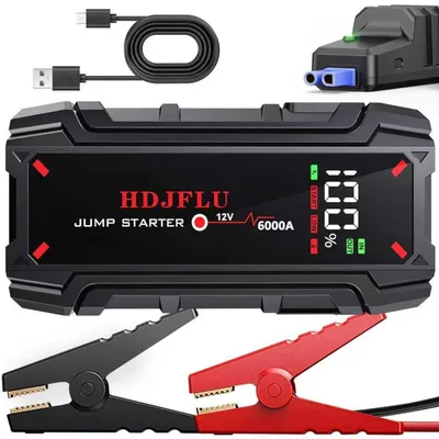 Zdjęcie produktu dla Powerbank Starthilfe 6000A 12V – przenośny akumulator rozruchowy litowo-jonowy do samochodów benzynowych o pojemności silnika do 8.0L i diesla do 6.0L, z wskaźnikiem LED