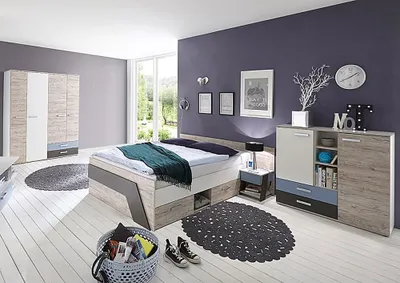 Produktbild von Jugendzimmer Set mit Bett 140x200 cm 4-teilig LEEDS-10 in Sandeiche Nb. mit weiß, Lava und Denim Blau