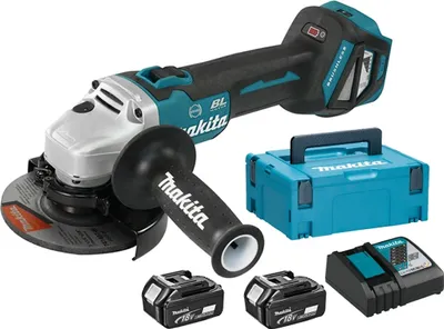 Zdjęcie produktu dla Makita DGA 513 RTJ akumulatorowa szlifierka kątowa 18V 125mm bezszczotkowa + 2x akumulator 5.0Ah + ładowarka + Makpac