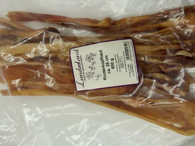 A package of dried beef head skin for pets.