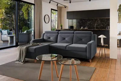 Zdjęcie produktu dla Narożnik Sofa Laksaro szary welur Jasmine 96 lewostronny z funkcją spania