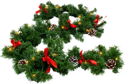 Produktbild von 3.12.A13 Weihnachtsgirlande grün mit Zapfen und Schleife - beleuchtet 50 LED / Batterie / Timer - Länge: 274 cm (HSG11-274)