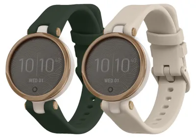 Produktbild von kwmobile 2x Uhrenarmband für Garmin Lily Sport Armband - Fitnesstracker Band Set aus TPU Silikon - Ersatzarmband Smartwatch - Dunkelgrün Beige