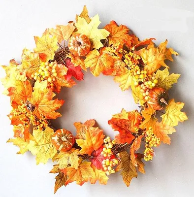 Produktbild von Künstlicher Herbstkranz - 50 cm - Kürbis-Kranz - Herbstblätter, Ahornblätter, Herbstkranz - Dekoration für Haustür, Türkranz, Tischdekoration