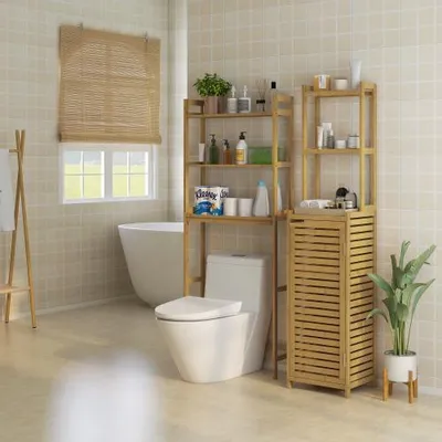 Produktbild von Toilettenregal 3-stoeckig 68x20x165cm Badezimmer Standregal Bambus Natur Kippschutz Platzsparend Toilettenregal 3-stoeckiges Ablageregal Badregal