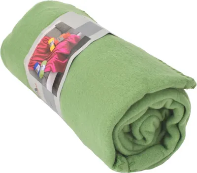 A rolled-up green fleece blanket with a product label.