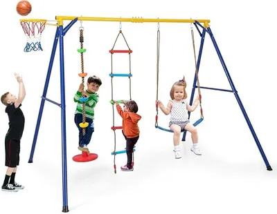 Produktbild von 4 in 1 Kinderschaukel Set, Schaukelgestell mit Schaukel, Kletterleiter & Basketballkorb, Schaukelgerüst Gartenschaukel mit Gestell, Spielgerüst für Kinder Outdoor