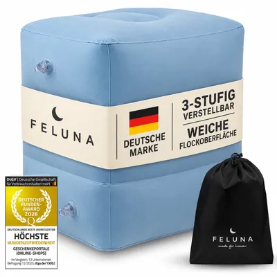 Produktbild von Feluna Aufblasbares Fußstützkissen für Flugzeug & Auto - Hellblaues Reisekissen aus Premium Nylon, Beinhochleger für Kinder & Erwachsene