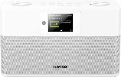 A white Kenwood DAB+ stereo compact radio with a digital display.
