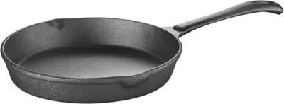A cast iron frying pan on a white background.