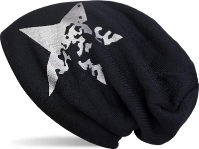 Produktbild von styleBREAKER warme Feinstrick Beanie Mütze mit Vintage Stern Print und sehr weichem Innenfutter, Slouch Longbeanie, Uni 04024088