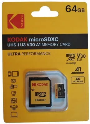 Zdjęcie produktu dla KODAK microSDXC 64GB UHS-I U3 V30 A1 – Karta pamięci 4K + Adapter SD