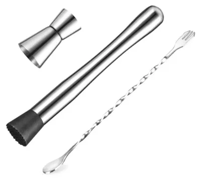 Produktbild von Cocktail-Set aus Edelstahl; Stößel mit Kunststoffkopf; Ergonomisches Barkeeper-Zubehör; Getränkemixer-Set in Lebensmittelqualität