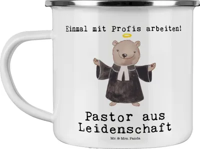 Produktbild von Mr. & Mrs. Panda Emaille Tasse Pastor Leidenschaft - Weiß - Geschenk, Teetasse, Spruch, emaillebecher, Kirche, becher, Pfarrer, Kaffeepott, Lustig, Pott