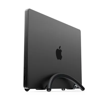 A black MacBook laptop is shown standing vertically on a black stand against a white background.