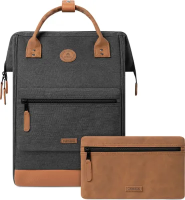 A dark gray backpack with brown leather accents and a matching brown pouch.