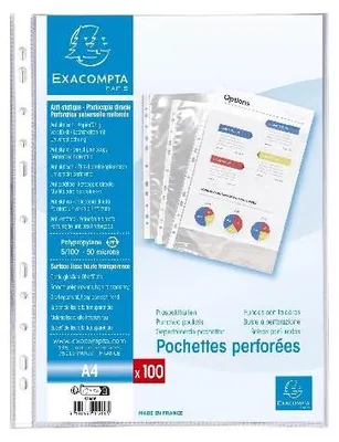 Image de Exacompta 10x Sachet de 100 pochettes perforées PP lisse 5/100e A4. 5200E