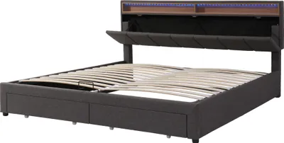 Produktbild von Flieks Polsterbett 160x200cm mit Schublade, Boxspringbett mit Stauraum und Lattenrost, Doppelbett mit Led und Stauraumkopfteil, Stauraumbett Jugendbett, Leinen, Grau