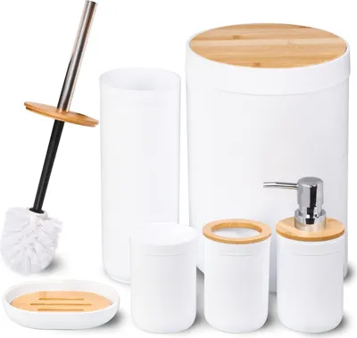 Produktbild von 6-teiliges Badezimmer Set, Seifenspender Zubehör Set aus Bambus, Badezimmer Accessoires Set mit Lotionspender, Mülleimer, Seifenschale, Toilettenbürste, Zahnbürstenhalter und Zahnputzbecher, Weiß