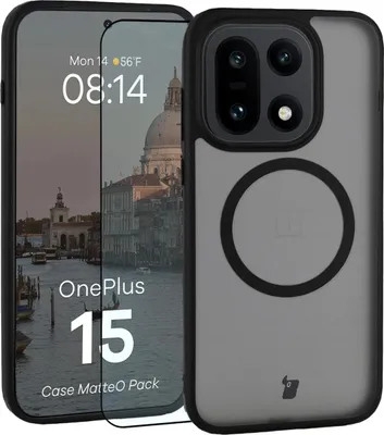 Produktbild von Schutzhülle mit Magnetring + gehärtetem Glas für OnePlus 15, Bizon MatteO Pack, Getönt-Schwarz